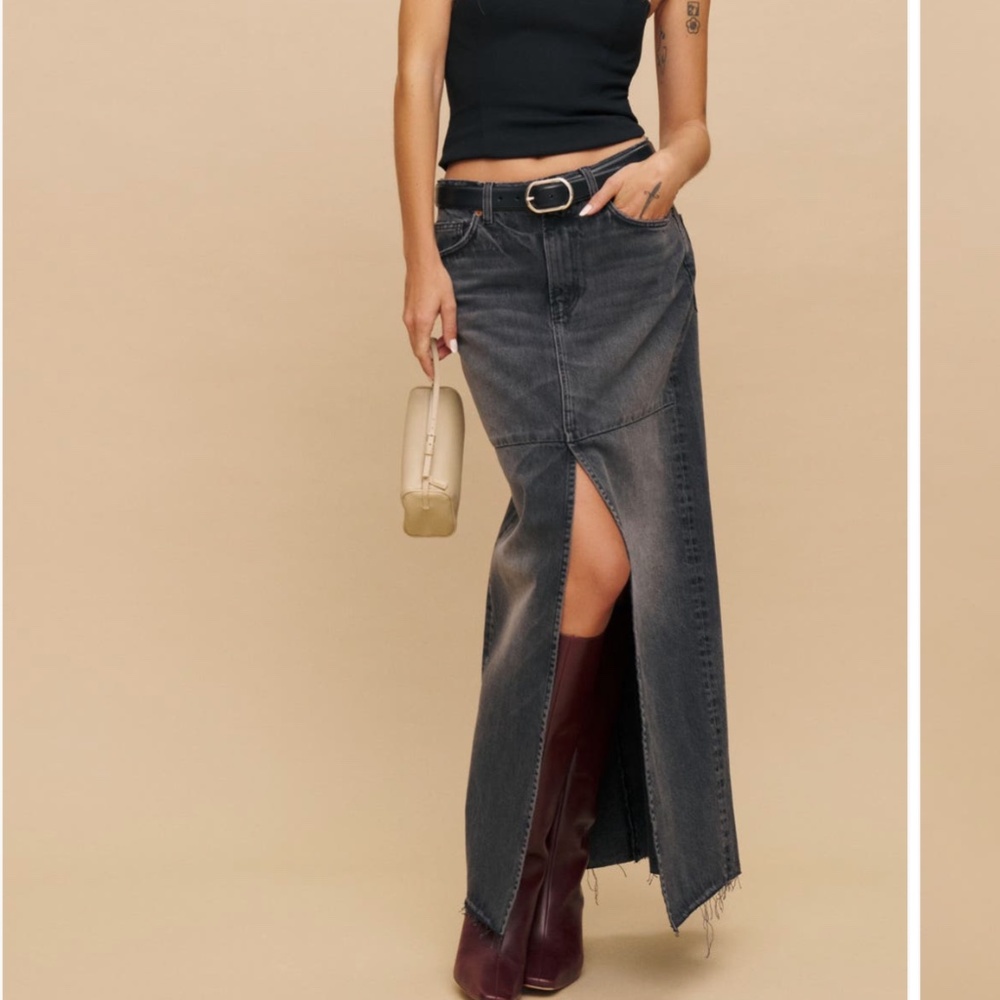 REFORMATION NWT Tazz Denim Slit Front Maxi Skirt Organic Cotton 29 Black Jean